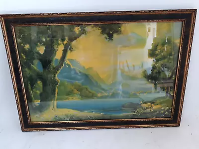 1920s Atkinson Fox Style Framed Litho Print Lake In The Mountains With Deer • $72