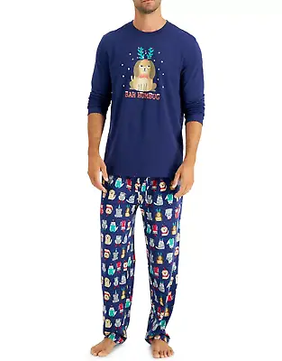 FAMILY PAJAMAS Men's 2-Piece Bah Humbug Dogs Pajama Set Sz L Large Blue PJs • $24.99
