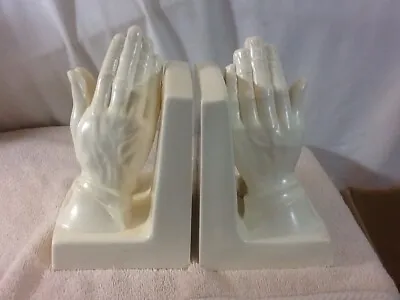 Vintage White Ceramic Very Heavy PRAYING HANDS Bookends Pre-owned MUST HAVE Cool • $28.99