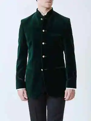 Men Nehru Collar Smoking Jacket Green Slim Fit Velvet Dinner Tuxedo Jacket Mens • £65