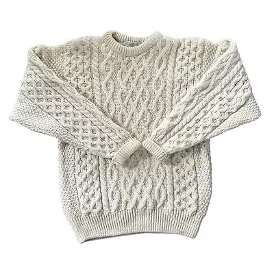 Quills Woolen Market Unisex Cream Irish Wool Fisherman Sweater Size Small • $49.99