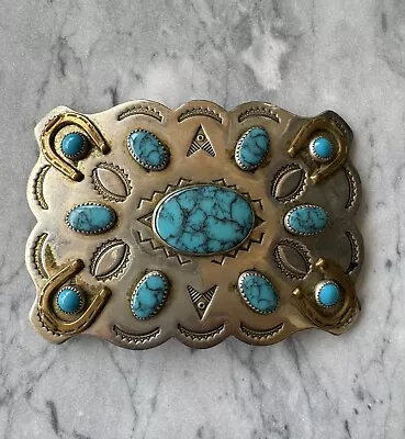 Vintage Nickel Silver Turquoise Signed Bell Belt Buckle Horse Shoe Lucky  • $59.99