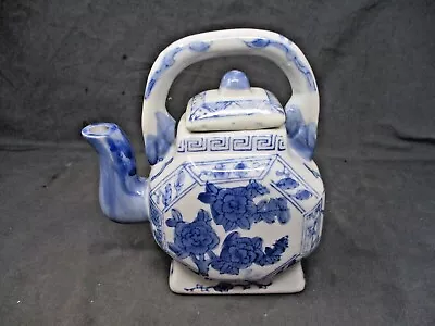 Vintage Blue White Asian Oriental Octagon Shaped Lotus Flower Teapot 7  Tall (1) • $3.50