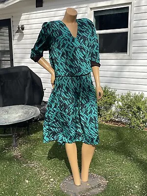 Vintage 80s Orlean De Paris Teal & Brown Drop Waist Dress • $35