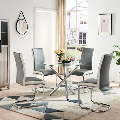 $283.09 • Buy Modern Dining Table Set Kitchen Round Glass Dinette Table With PU Leather Chairs