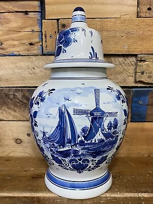 Vintage DELFTS BLAUW Ginger Jar Hand Painted Holland Urn Vase 13.5” Inch • $154