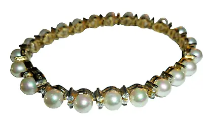 Vintage Sterling Silver CZ Bracelet Faux Pearl Tennis Safety Clasp 7  • $89.09