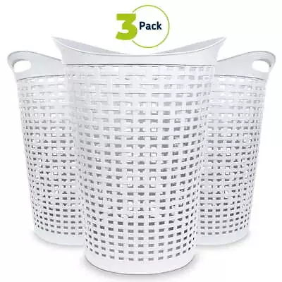 3 Pack Flexible Round Wicker HamperWhite Laundry Hamper W/ Comfortable Handles • $26.56