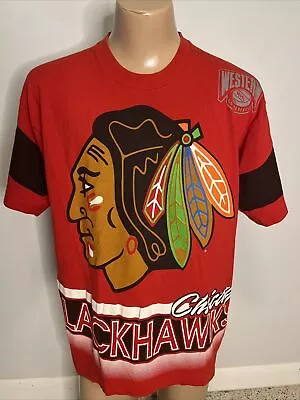 Vintage 90’s CHICAGO BLACKHAWKS T Shirt Large NHL Hockey Salem 1994 BIG Print • $35