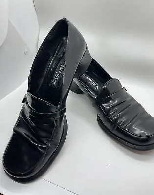 ❤️ Classic Via Spiga Shoes Women's 8.5 Blk Patent Leather Loafer Block Heel • $24.99