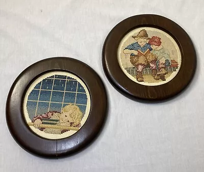 Vintage Lot Of 2 Round Wood Frame Needlepoint Children Wall Art Cottagecore • $24.99