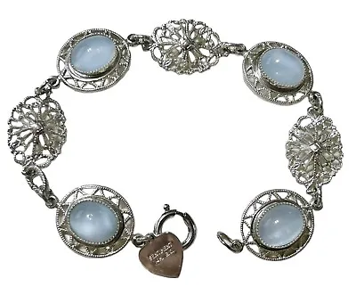 Sentiment 14K White Gold Filled Moonstone Cabochon Link Filigree Bracelet • $54