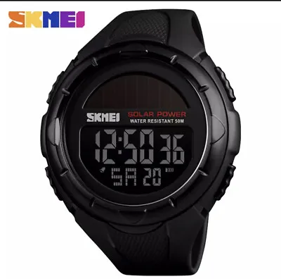 Solar Powered Digital Fashion Round Sports Army LED Men's Wrist Watch Waterproof • £15.99