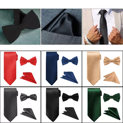 Mens Tie Bow Tie Necktie Pocket Square Handkerchief Set Plain Wedding Birthday • £3.06