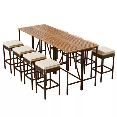 GO 10-Piece Outdoor Acacia Wood Bar Height Table And Eight Stools With Cushions • $640