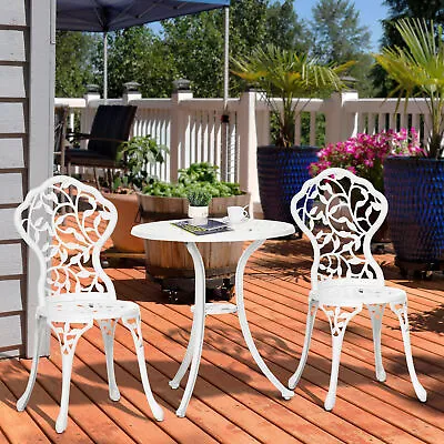 3 Pcs Aluminium Bistro Set Garden Furniture Dining Table And Chairs White • £113.99