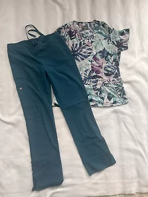 Greys Anatomy Scrub Pants Women’s Size Medium Tall Turquoise With Tropical Top • $20