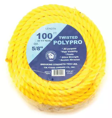 Twisted Yellow Polypropylene Rope 5/8  X 100' Coil 7595lbs Capacity • $54.74