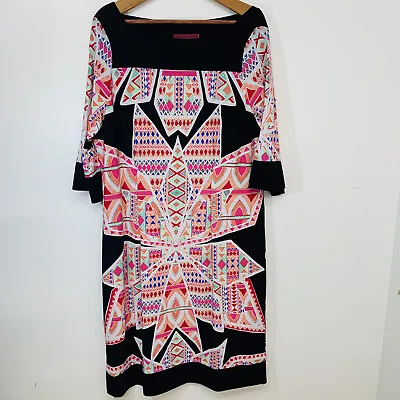 Melissa Masse  Womens Knit Shift Dress   Size 1X Pink Black Geometric Lined USA • $29.99