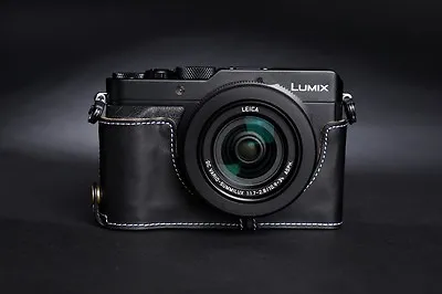 Genuine Real Leather Half Camera Case Bag For Panasonic LX100 Black Bottom OPEN • £53.07