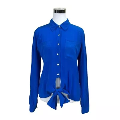 Madison Marcus Womens Silk Blouse Bright Blue Button Down Top Tie Front Size M • $34.91