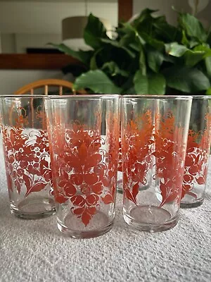 Vintage 1960s 70s Set Of 7 Orange Floral Juice Glasses Tumblers • $24.99