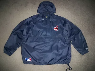 Men's Vtg CLEVELAND INDIANS 1/2 Zip Wind Jacket Hoodie 2XL NAVY BLUE W/Stripes • $65