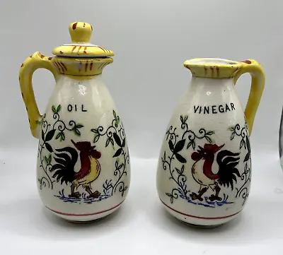 ROOSTER & ROSES ~ OIL & VINEGAR Cruets W Stoppers Early Provincial ~Ucagco Japan • $39.99