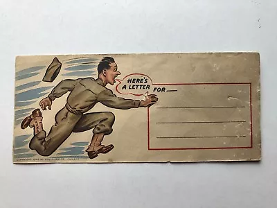 1942 WWII Military Theme Stationery Envelope W/ GI Running... Here's A Letter • $33