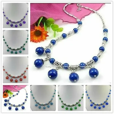 £4.79 • Buy Lapis Lazuli /Sapphire/ Amethyst Gem Round Beads Tibet Silver Pendants Necklace