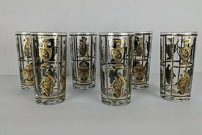 5 Vintage Highball Drinking Black And Gold Glasses With Greek Vases Statues • $49.99