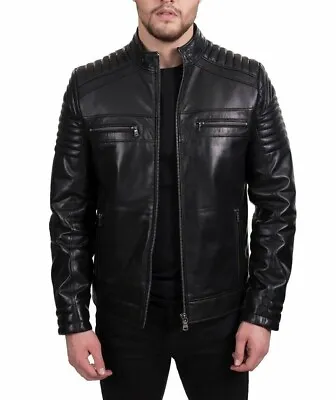 Jacket Leather Biker Motorcycle Mens Coat Vintage Bomber Lambskin Slim Black 119 • $55