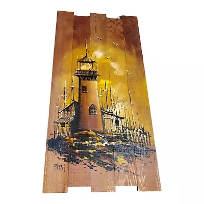 Vintage MCM Oil Painting On Wood Lighthouse Birds Yellow Signed Brent 30” X 15” • $98