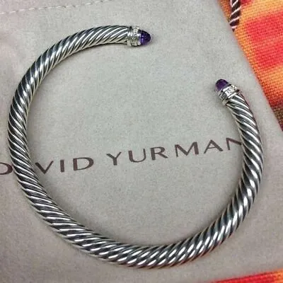 David Yurman Cable Classic Bracelet Amethyst Diamonds Sterling Silver 5mm • $285