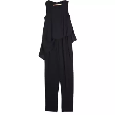 $38 • Buy Verge New Zealand Womens Jumpsuit Size 8 Black Stretch Layered Draped Asymmetric