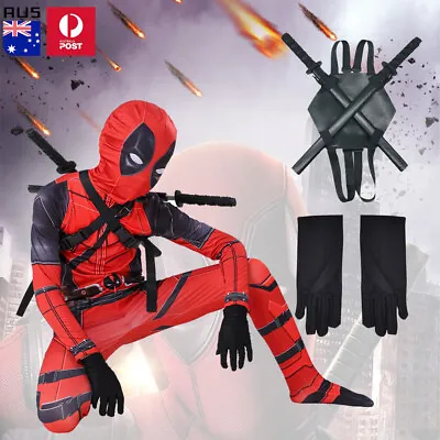 Kids Deadpool Costume Superhero Cosplay Boy Lycra Morph Party Jumpsuit • $48.88