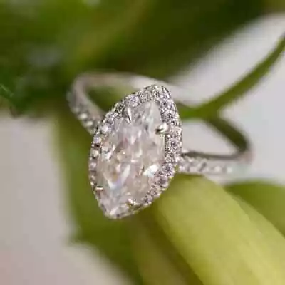 14k White Gold Plated 1.5 CTW Marquise Cut Moissanite Halo Bridal Wedding Ring • $162.99