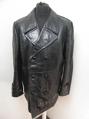 Vintage 50's Swedish Leather Pea Coat Jacket Size Xl 2.9kg • $122.08