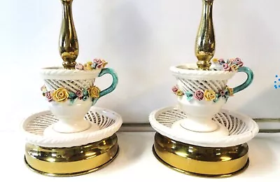 Vintage Pair Bedroom Lamps...Delicate Cups Covered W/Individual Roses..Georgeous • $72.50