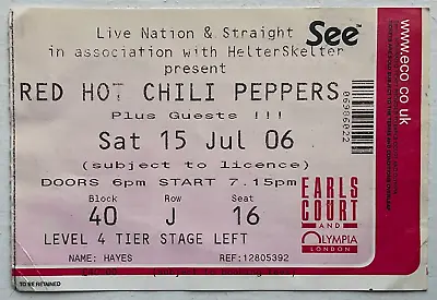 Red Hot Chili Peppers Original Used Concert Ticket Earls Court London 15th Jul 2 • £6