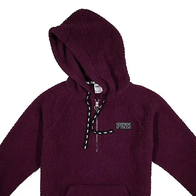 Victoria Secret Women's Pullover Hoodie Small 1/4 Zip PINK Sherpa Maroon • $20