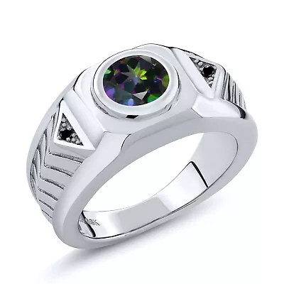 Men's 925 Sterling Silver Green Mystic Topaz And Black Diamond Ring (2.03 Cttw • $77.99