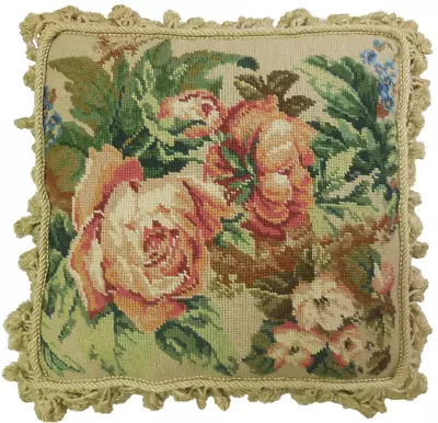 Wool Needlepoint Pillow | Handmade Wool Cabbage Roses Throw Cushion 16x16 • $199.65