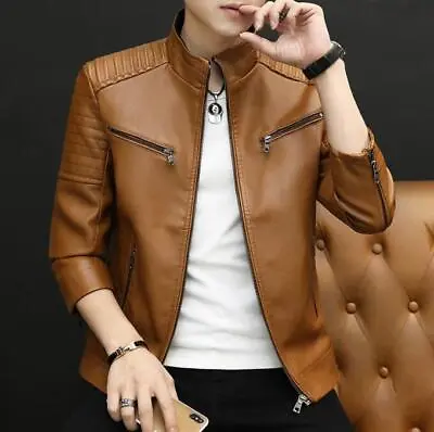 New Men's Faux Leather Coats Motorcycle Jacket Causla Stand Collar PU Outwear  • $25.56