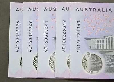 2016 Australian $5 R224 Run Of 5 Consecutive Banknotes - UNC • $49