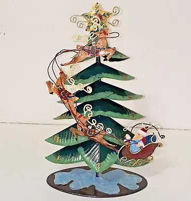 Rustic Painted Metal Christmas Tree Tabletop Decoration Santa Sleigh Reindeer • $34.99