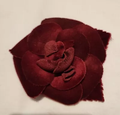 Vintage Classic Burgundy Velvet Flower Chanel Camellia Pin Brooch 4  • $175