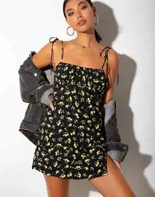 Motel Rocks Adara Short Slip Floral Print Dress Buttercup Black/Yellow • $34.95