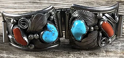 Vintage Navajo Justin Morris Signed Sterling Silver Turquoise Coral Watchbands • $99.99