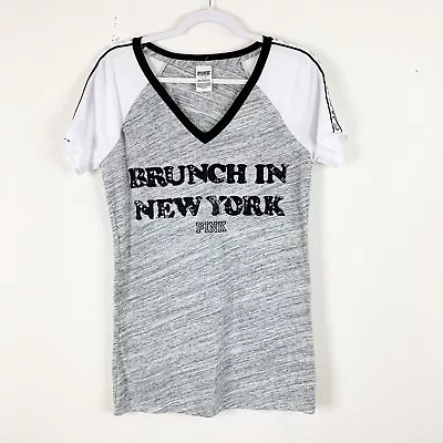 VS Pink Womens Gray White Short Sleeve Graphic Sequin Brunch NY Tshirt L • $19.99